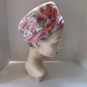 SALE Pretty Vintage 1960 Era Satin Hat in Coral Pink & Gray